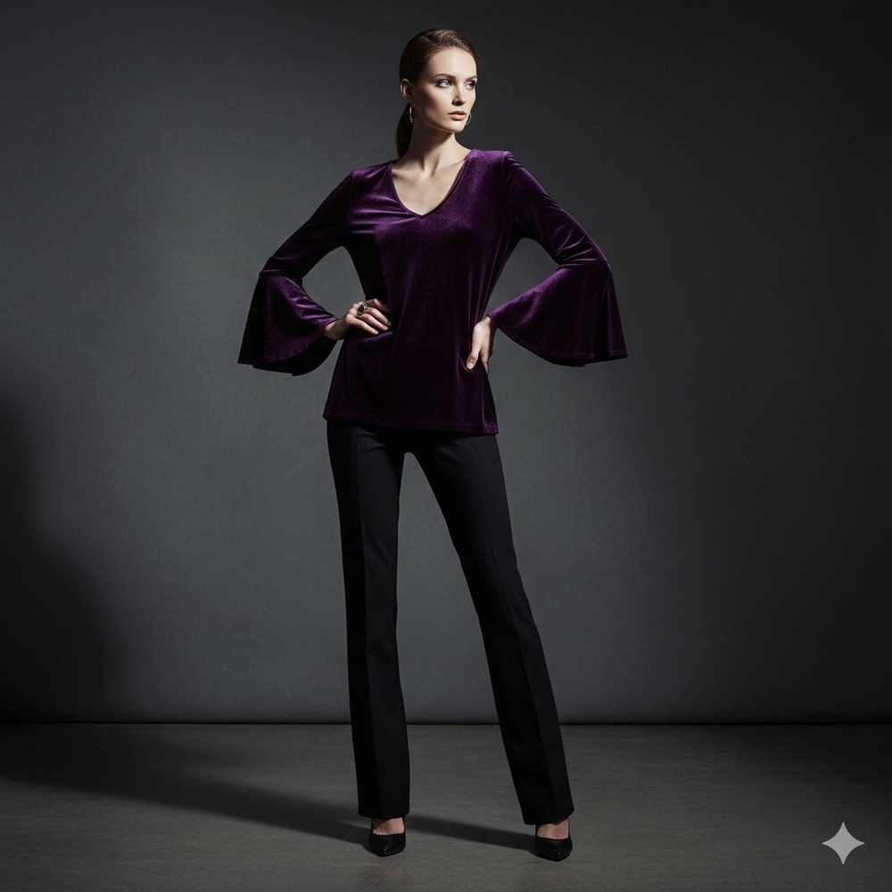 Prelude Purple Velvet‎ Whimsigoth Dark Fairy Goth Bell Sleeve Top L V-Neck USA